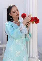 Aqua Blue Luxury Summer Cotton Embroidered Suit with Voil Printed Dupatta