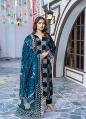 Navy Blue Velvet Embroidered Suit | Maryam Fashions