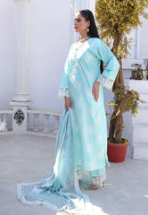 Aqua Blue Luxury Summer Cotton Embroidered Suit with Voil Printed Dupatta
