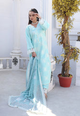 Aqua Blue Luxury Summer Cotton Embroidered Suit with Voil Printed Dupatta
