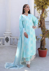 Aqua Blue Luxury Summer Cotton Embroidered Suit with Voil Printed Dupatta