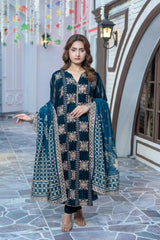 Navy Blue Velvet Embroidered Suit | Maryam Fashions