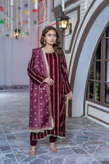 Mahroon Velvet Embroidered Suit | Maryam Fashions