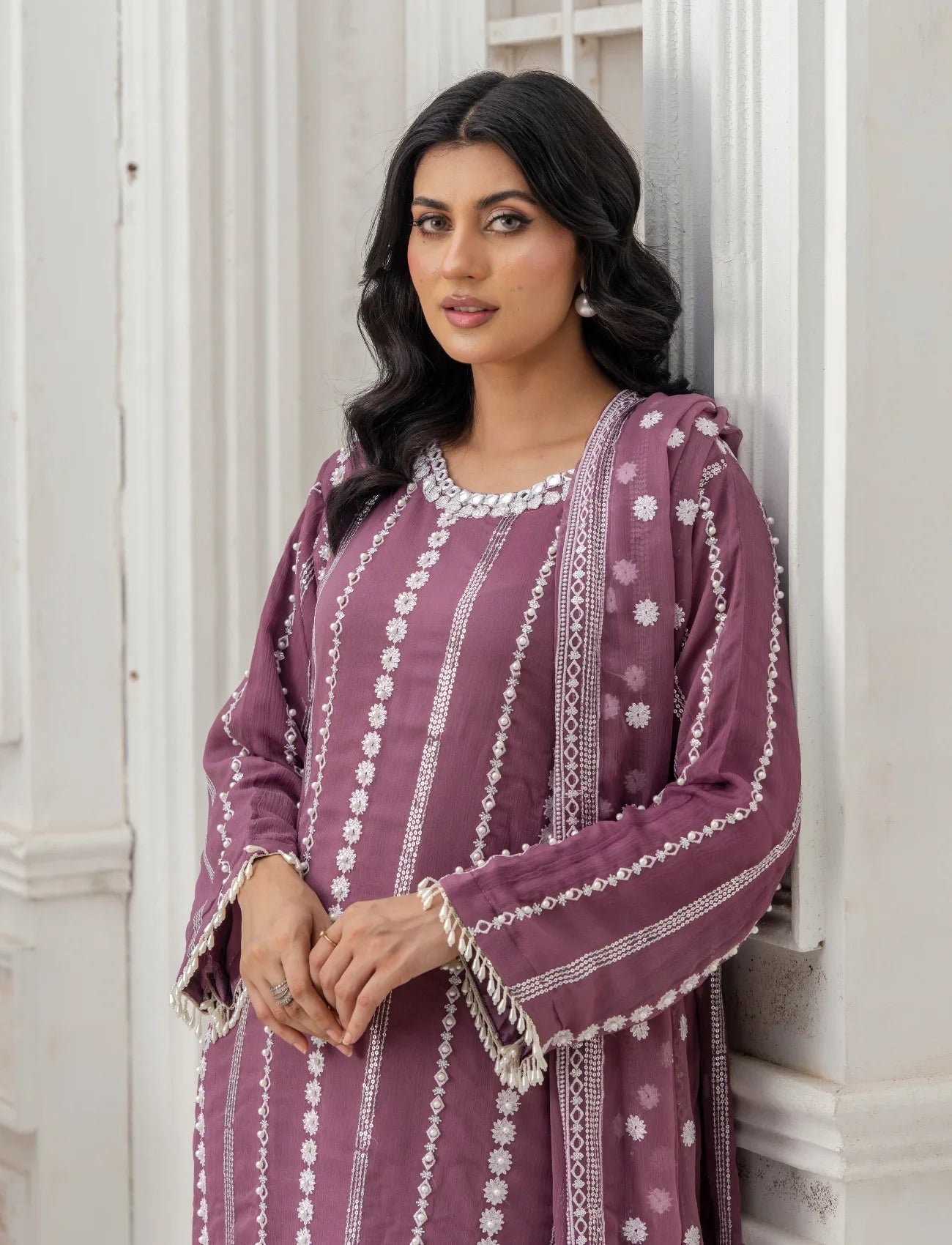 Lilac Chiffon Embroidered Suit – Maryam Fashions - Maryam Fashions