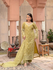 Light Olive Embroidered Organza Suit | Maryam Fashions