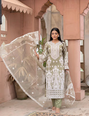Light Olive Organza Embroidered Suit | Maryam Fashions - Maryam Fashions