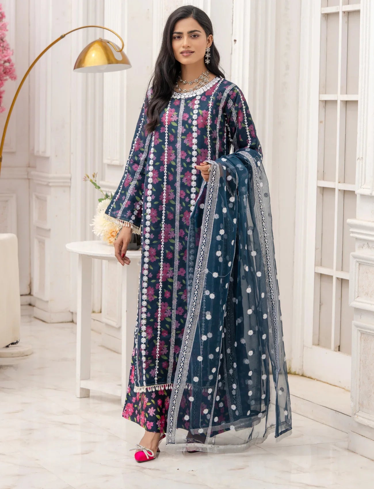 Zink Organza Embroidered Suit with Palazzo – Maryam Fashions - Maryam Fashions
