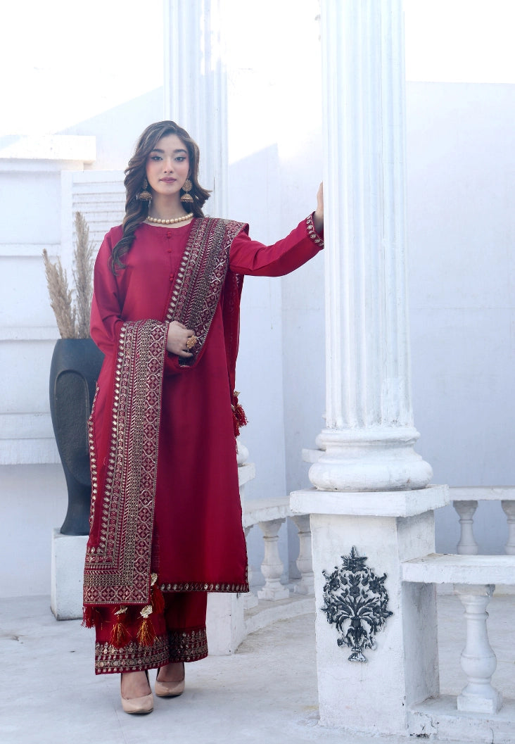 Crimson Elegance Luxury Sequins Embroidered Silk Suit with Chiffon Dupatta – Maryam Fashions
