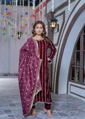 Mahroon Velvet Embroidered Suit | Maryam Fashions