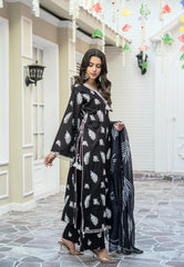 Black Luxury Summer Cotton Embroidered Suit with Mirror Work Neckline & Printed Dupatta – Maryam Fashions