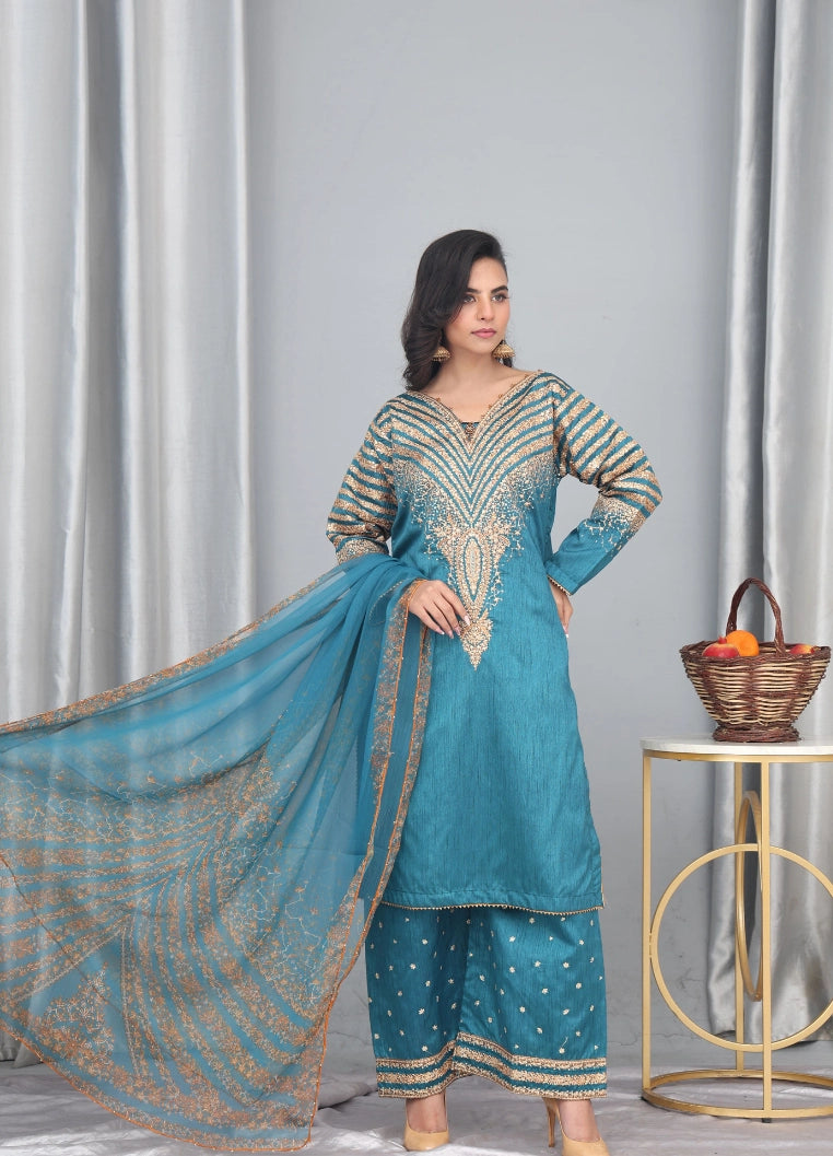 Teal Blue Embroidered Suit – Maryam Fashions