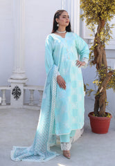 Aqua Blue Luxury Summer Cotton Embroidered Suit with Voil Printed Dupatta