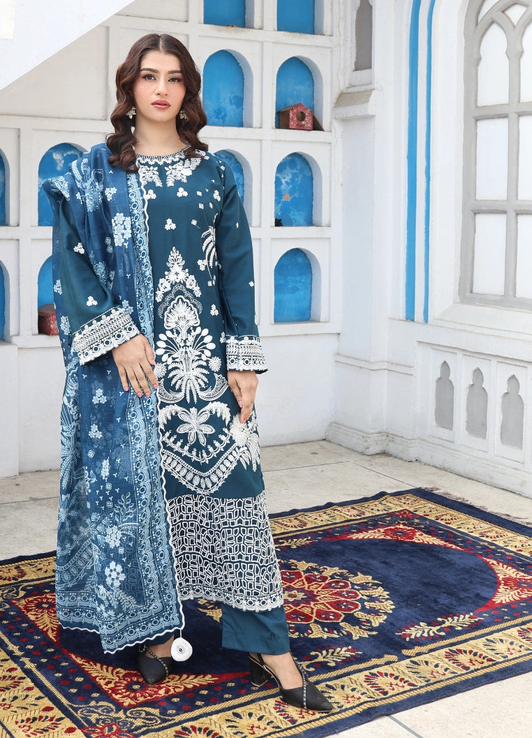 Luxury Embroidered 3-Piece Suit – Classic Teal Elegance