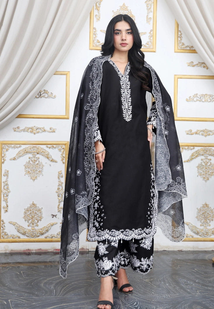Noir Black Elegance Summer Cotton Embroidered 3PC Suit