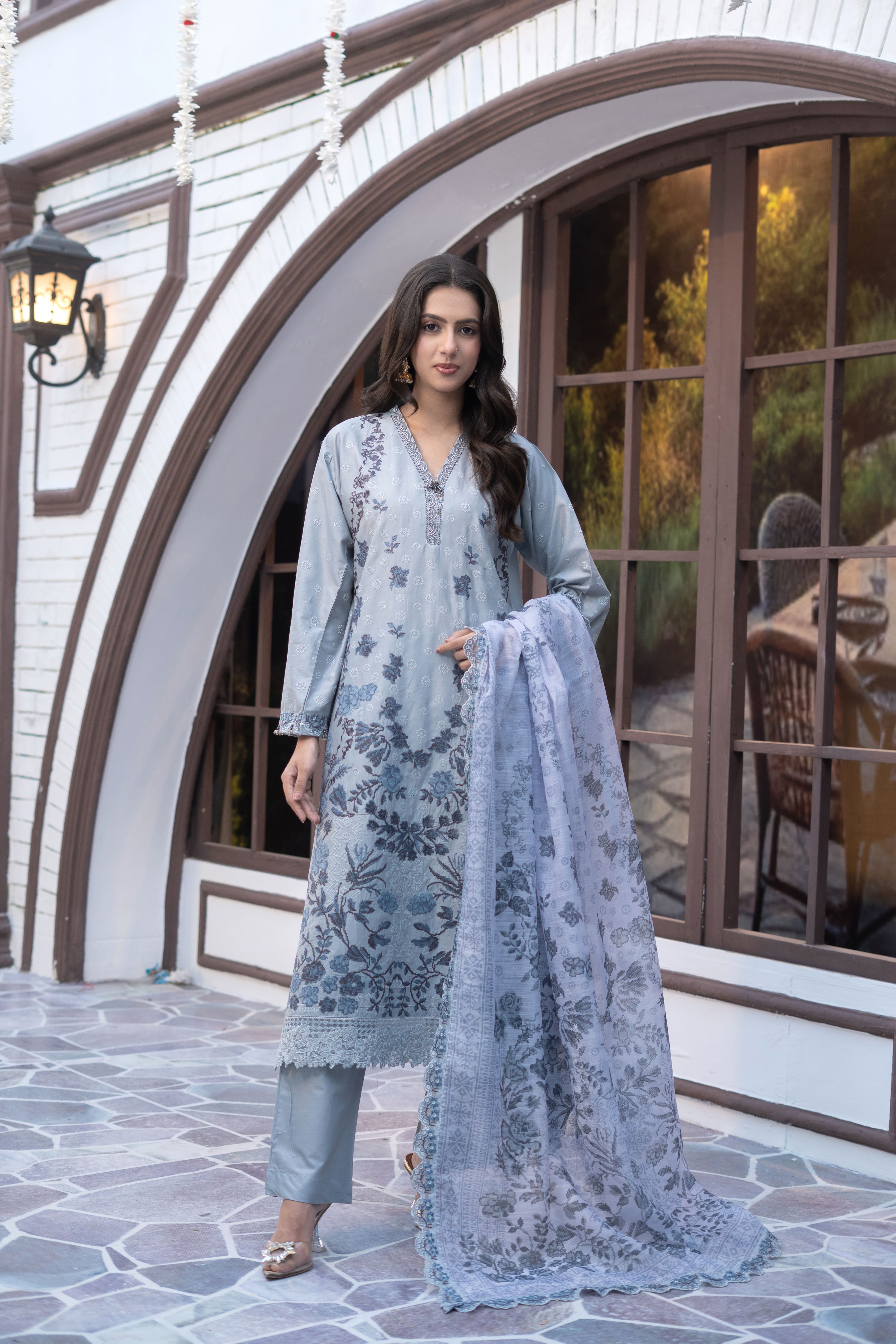 Sky Blue Printed Winter Cotton Suit | Maryam Fashions