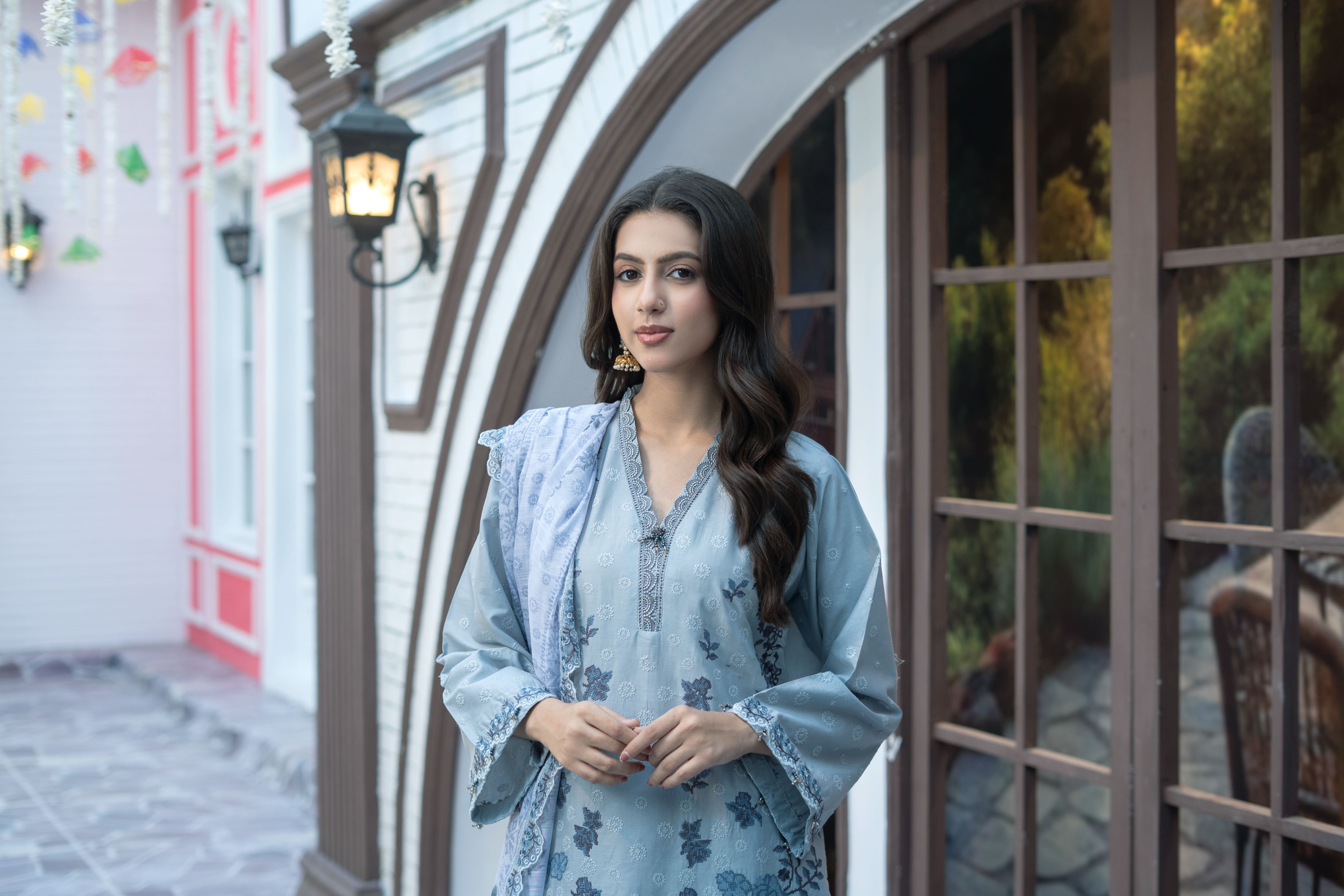 Sky Blue Printed Winter Cotton Suit | Maryam Fashions