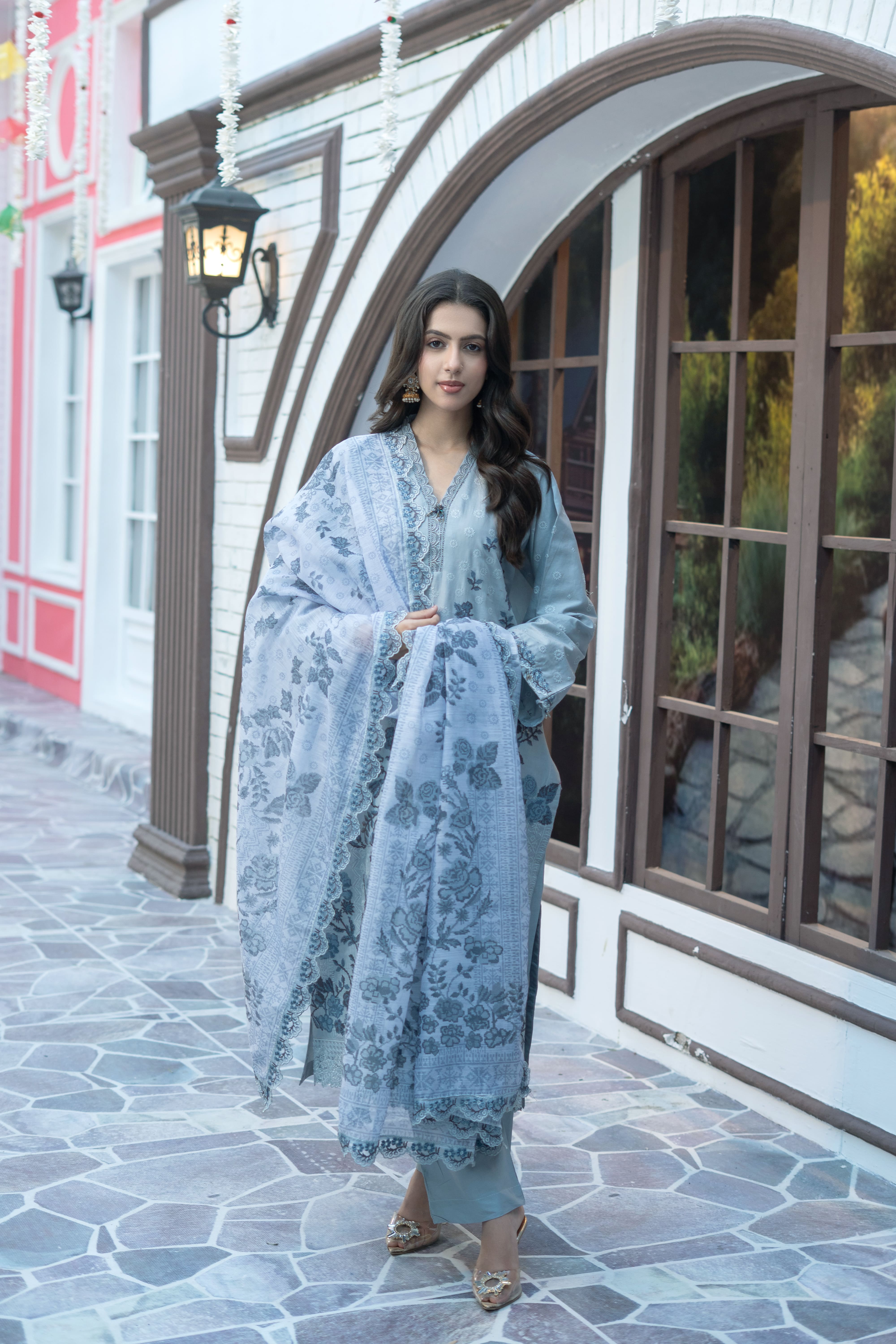 Sky Blue Printed Winter Cotton Suit | Maryam Fashions