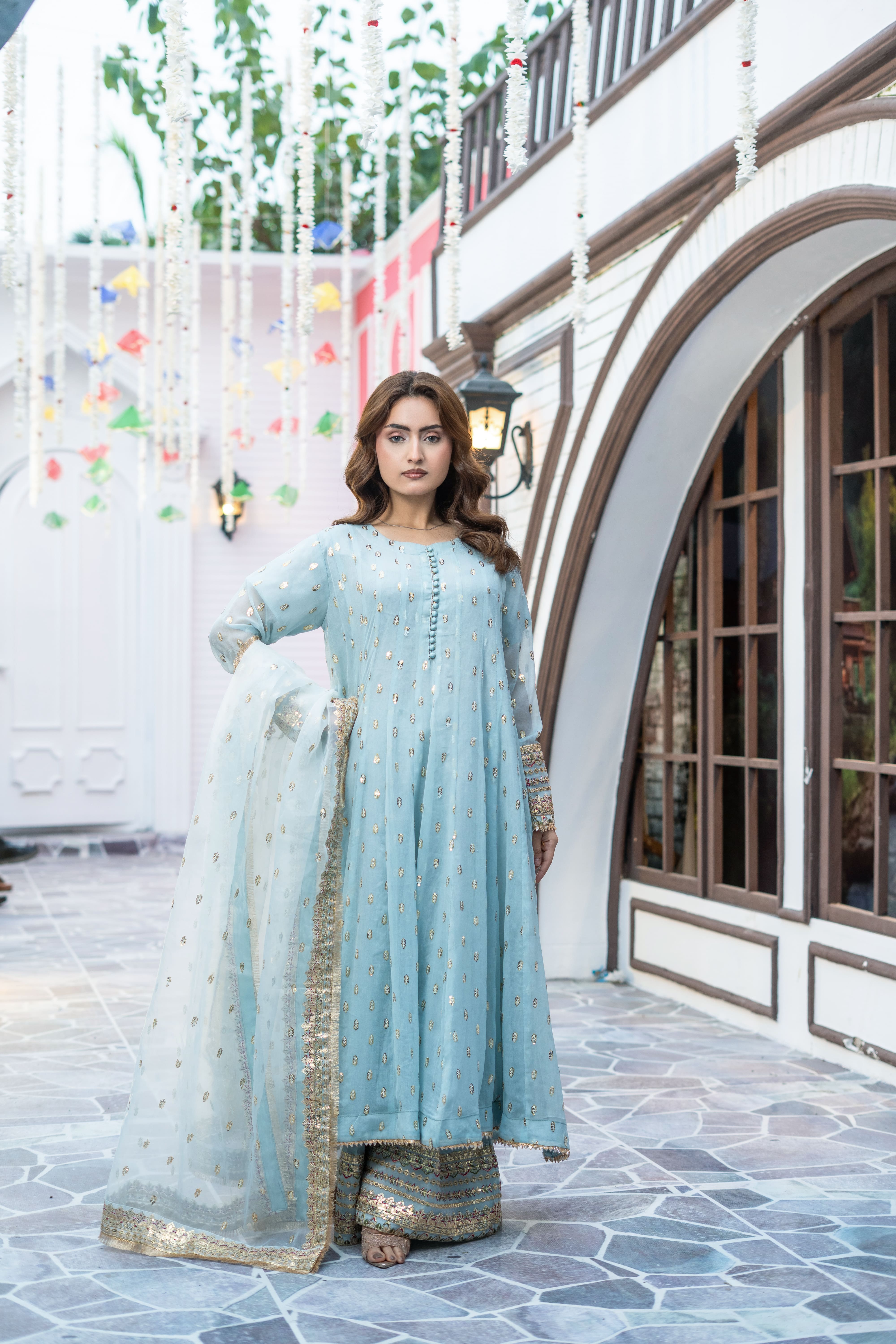 Sky Blue Organza Embroidered Suit | Maryam Fashions