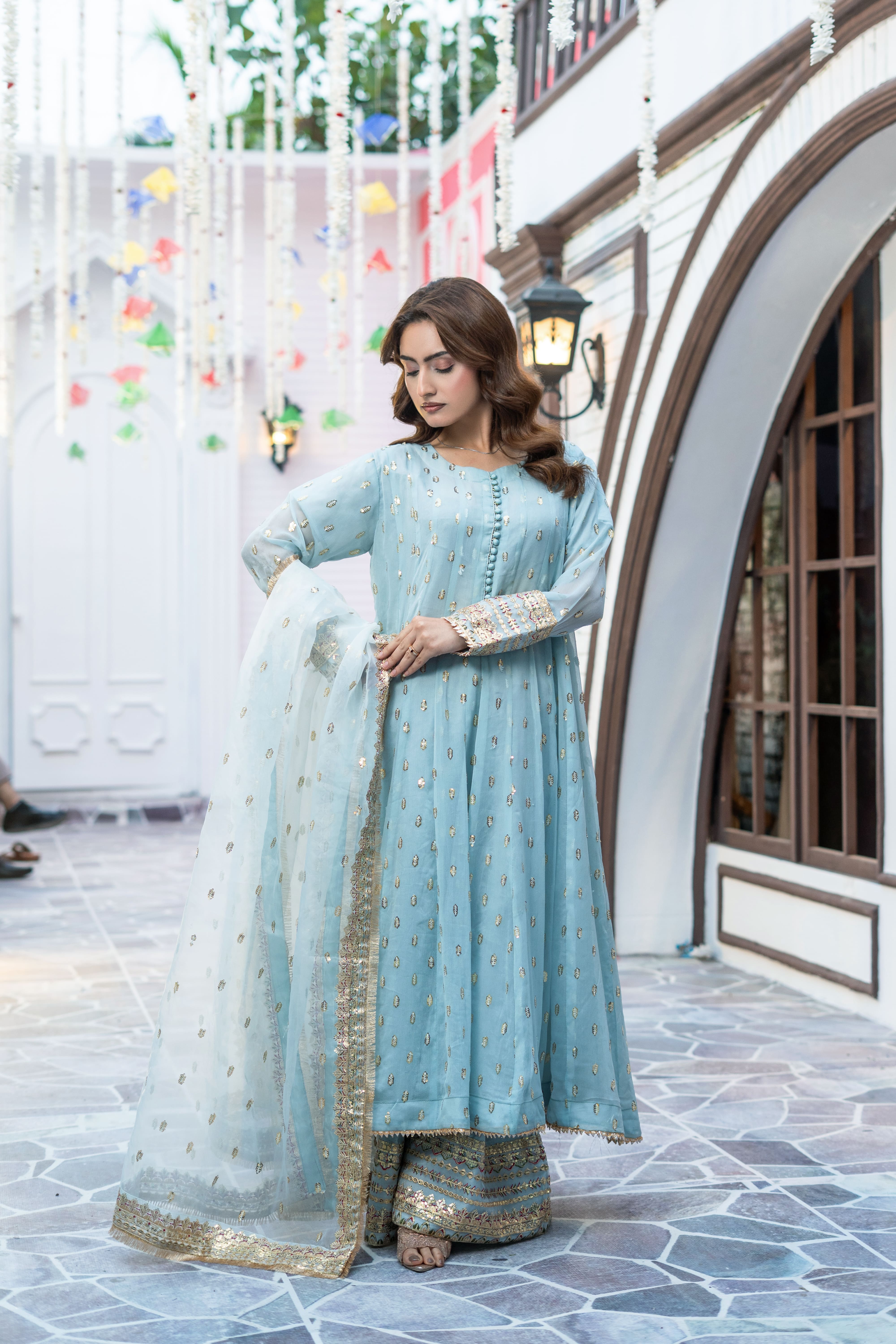 Sky Blue Organza Embroidered Suit | Maryam Fashions