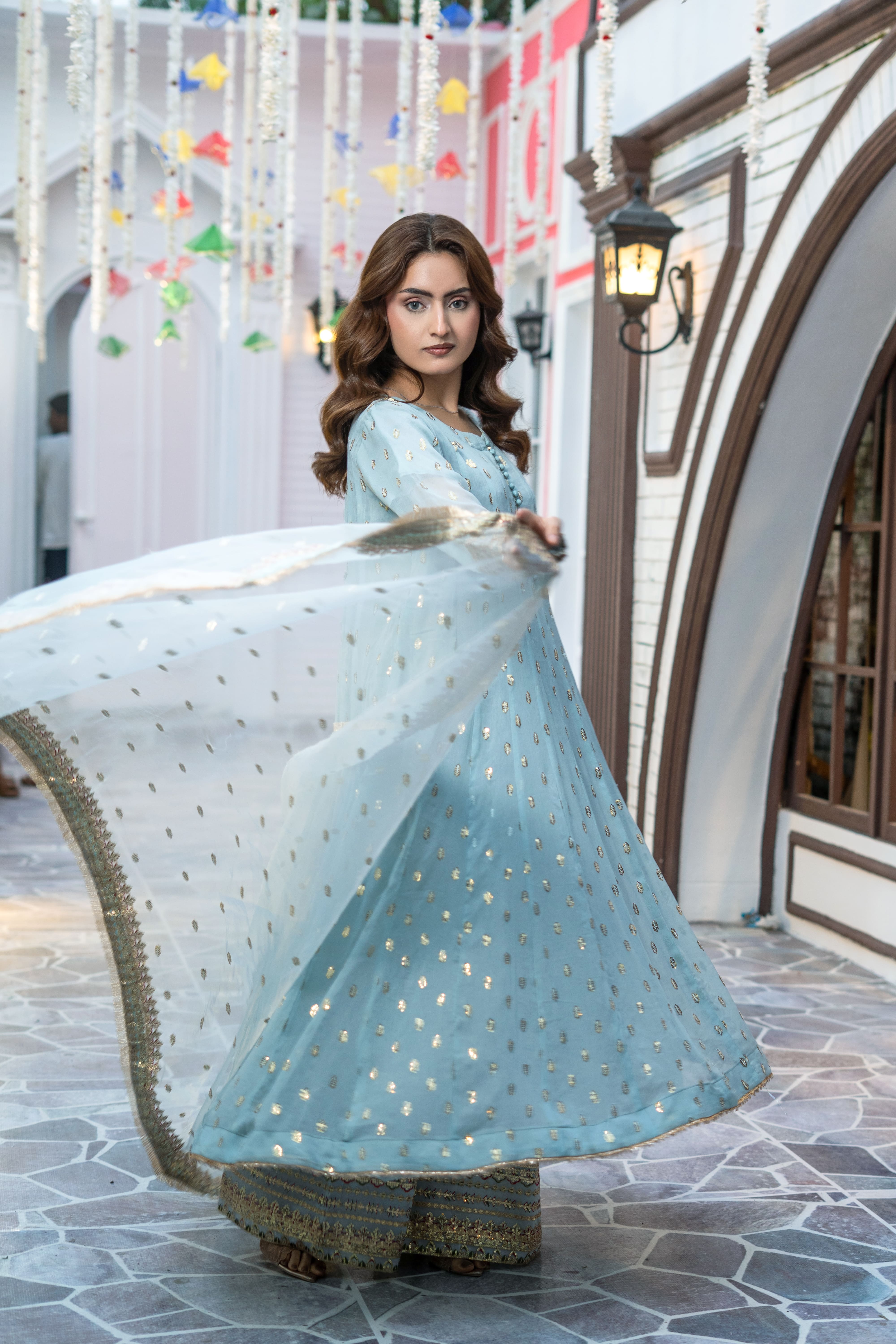 Sky Blue Organza Embroidered Suit | Maryam Fashions