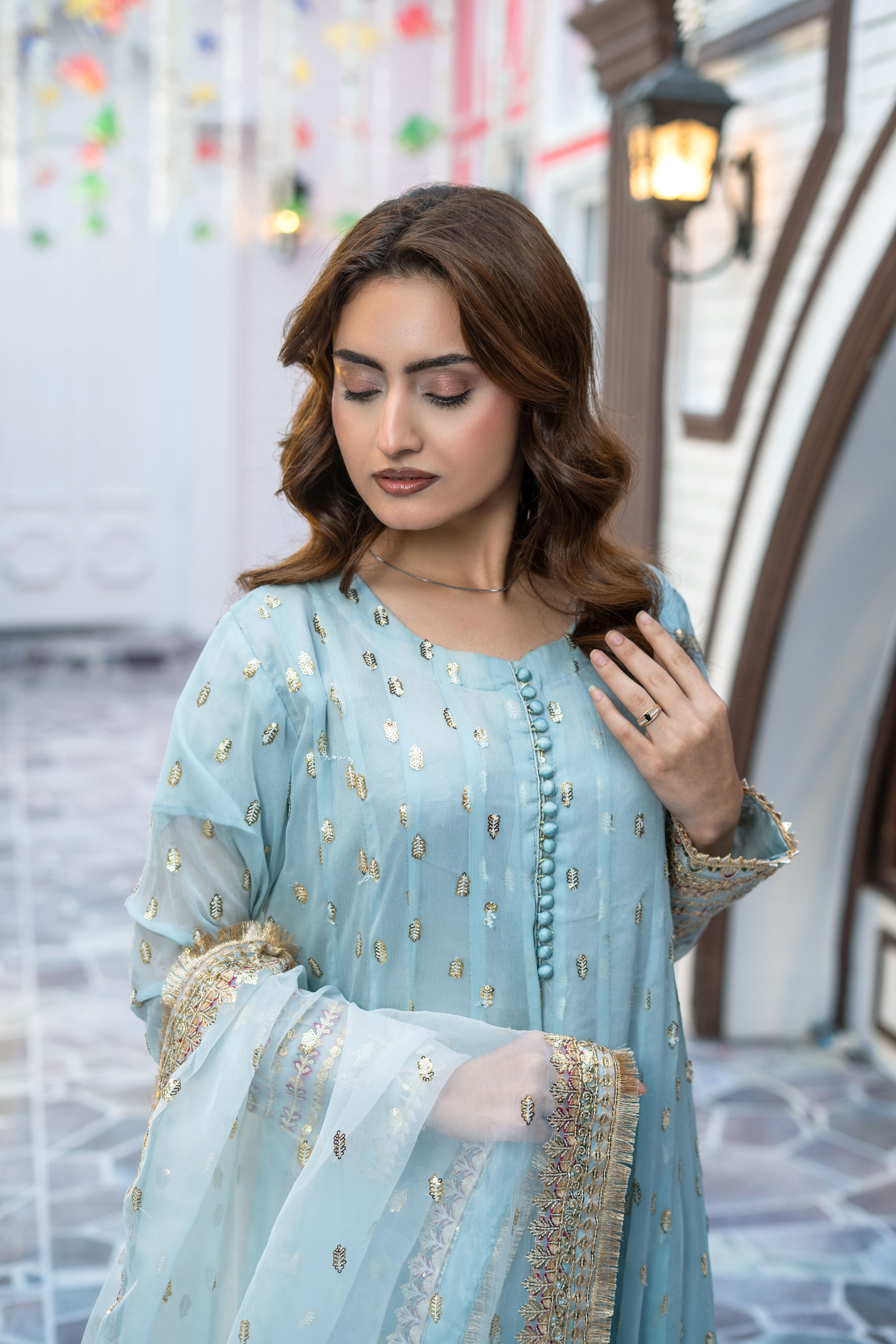 Sky Blue Organza Embroidered Suit | Maryam Fashions