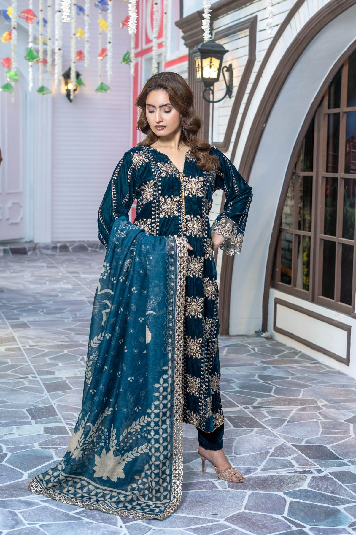 Navy Blue Velvet Embroidered Suit | Maryam Fashions