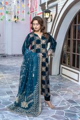 Navy Blue Velvet Embroidered Suit | Maryam Fashions
