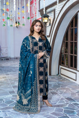 Navy Blue Velvet Embroidered Suit | Maryam Fashions