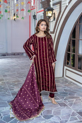 Mahroon Velvet Embroidered Suit | Maryam Fashions