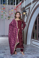 Mahroon Velvet Embroidered Suit | Maryam Fashions