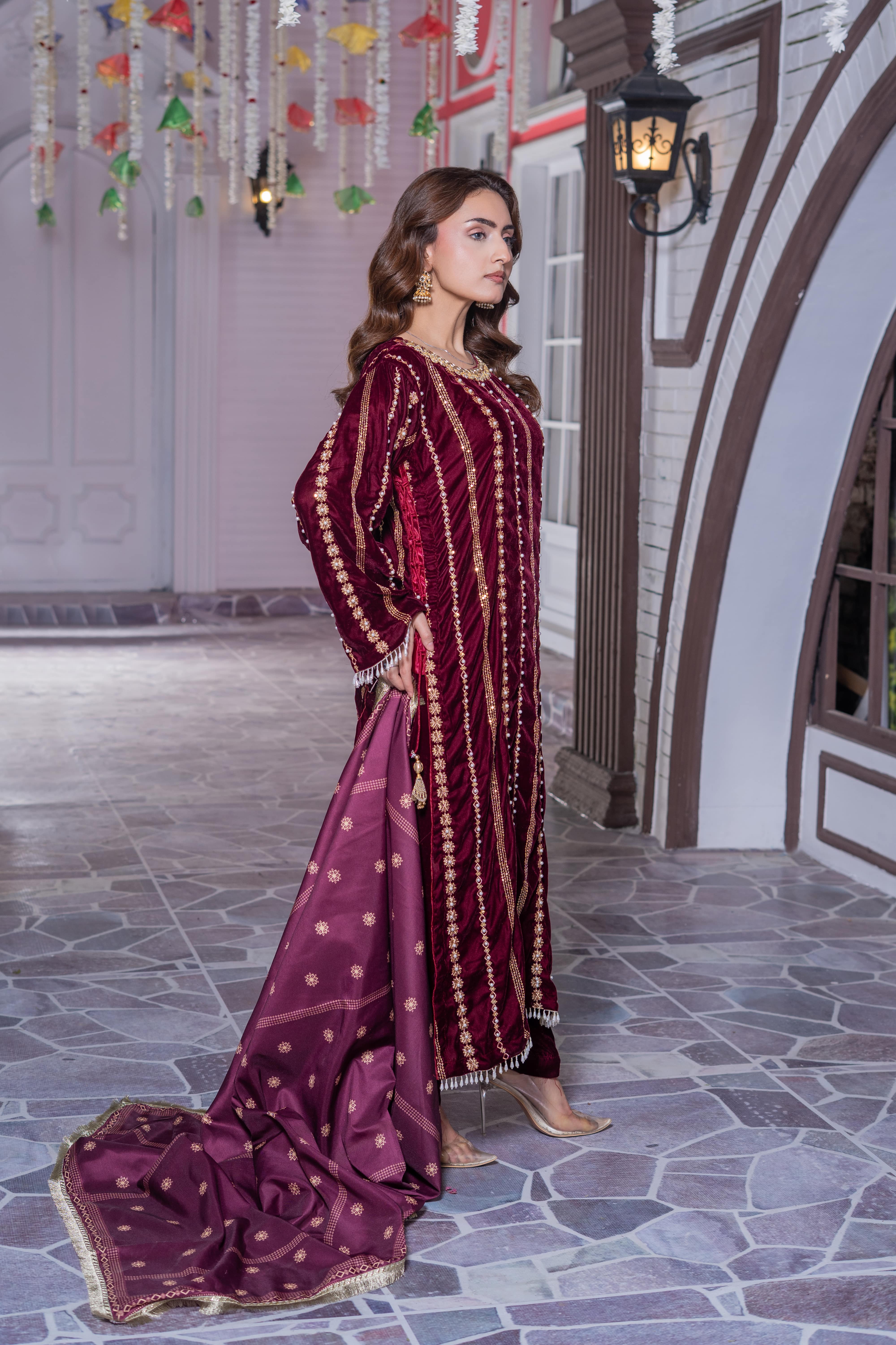 Mahroon Velvet Embroidered Suit | Maryam Fashions