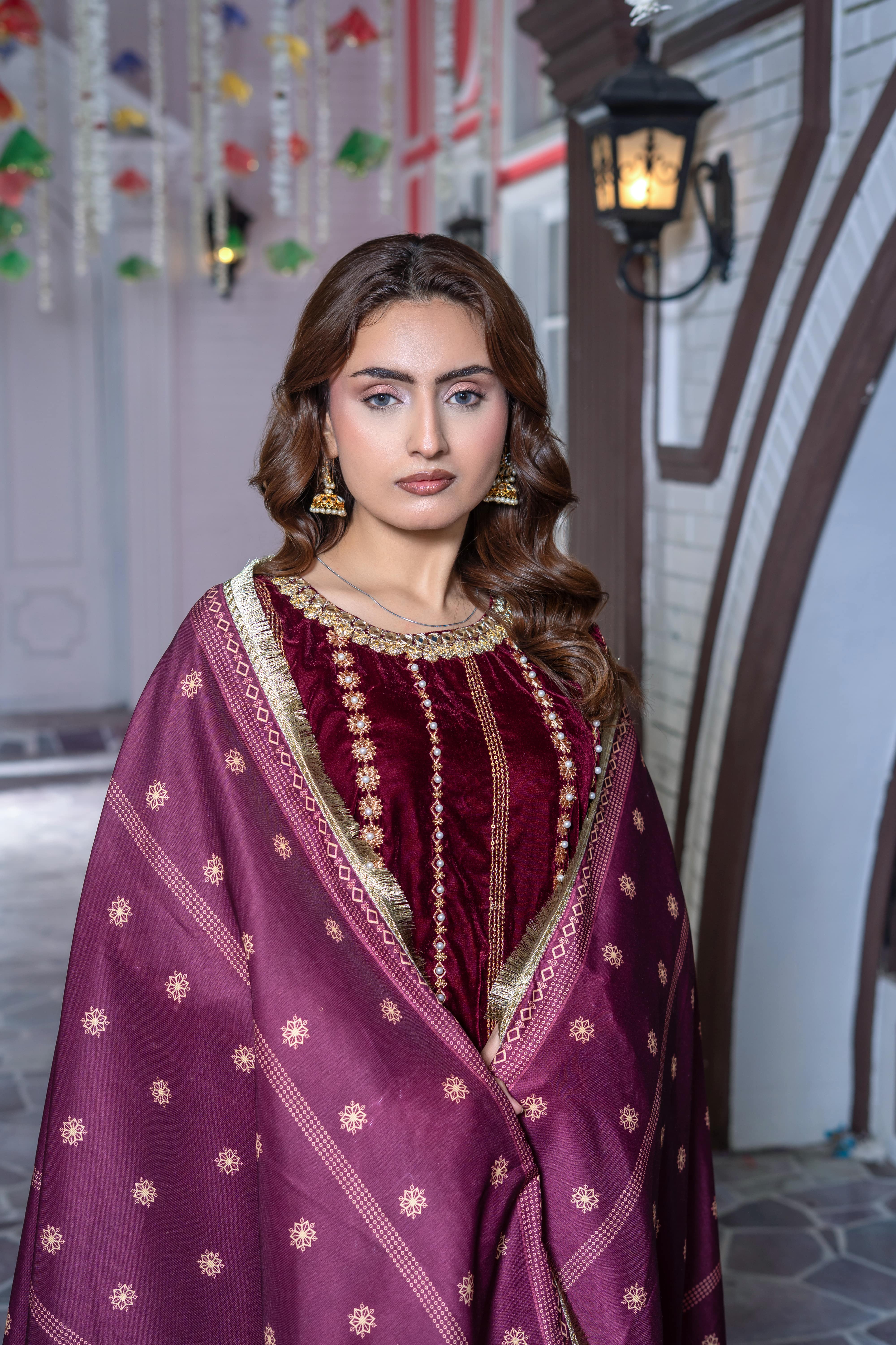 Mahroon Velvet Embroidered Suit | Maryam Fashions