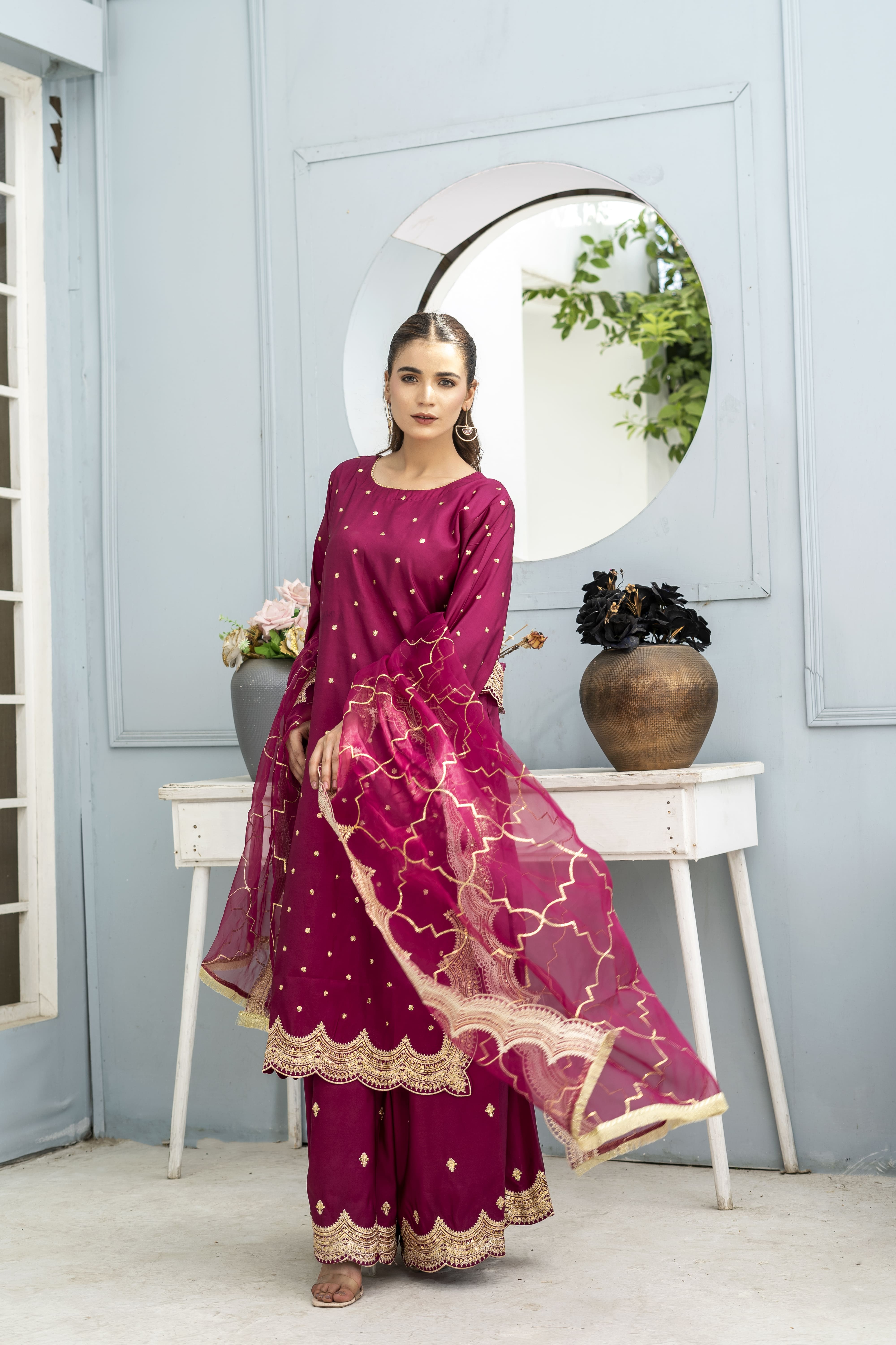 Magenta Embroidered Silk Suit | Maryam Fashions