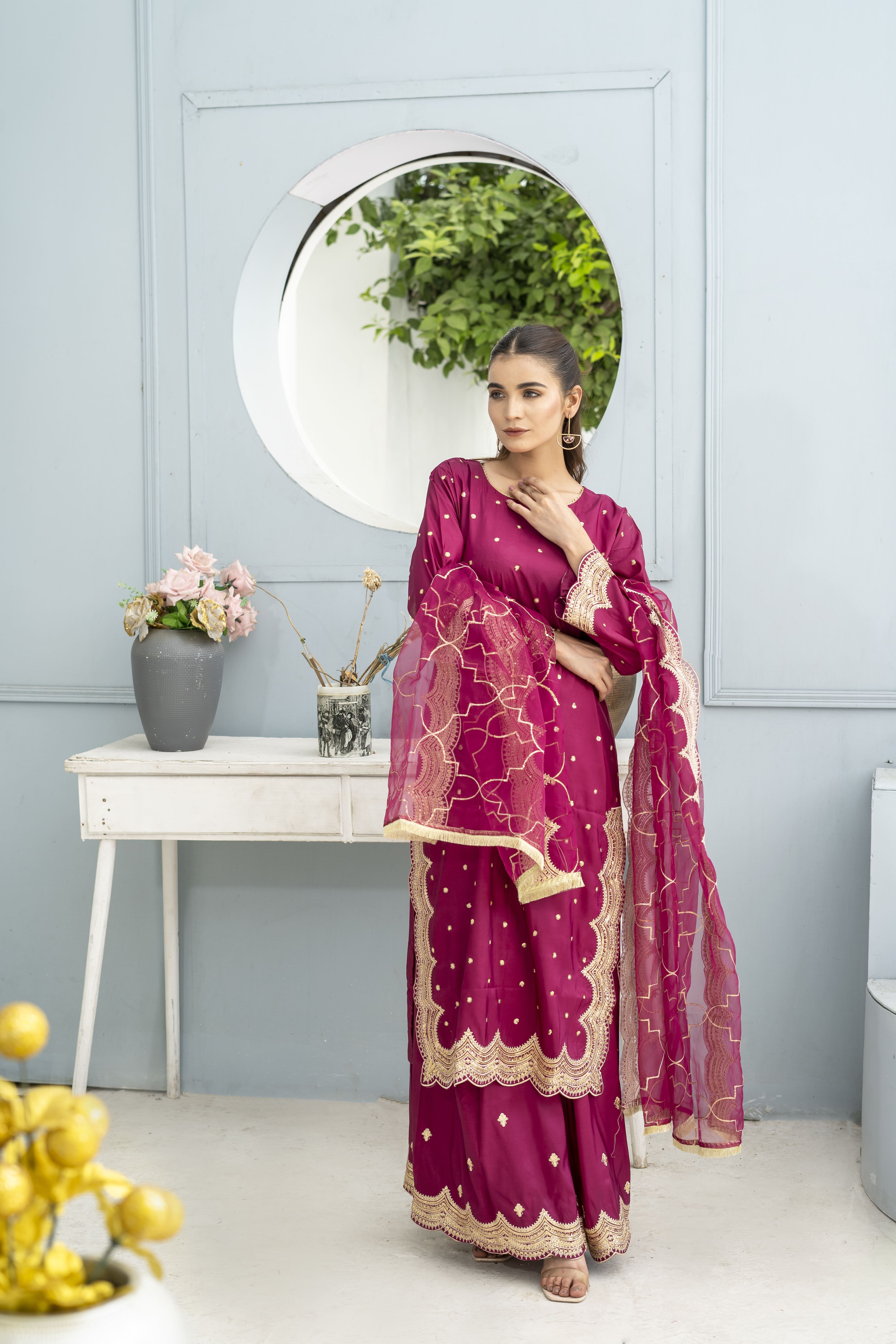 Magenta Embroidered Silk Suit | Maryam Fashions