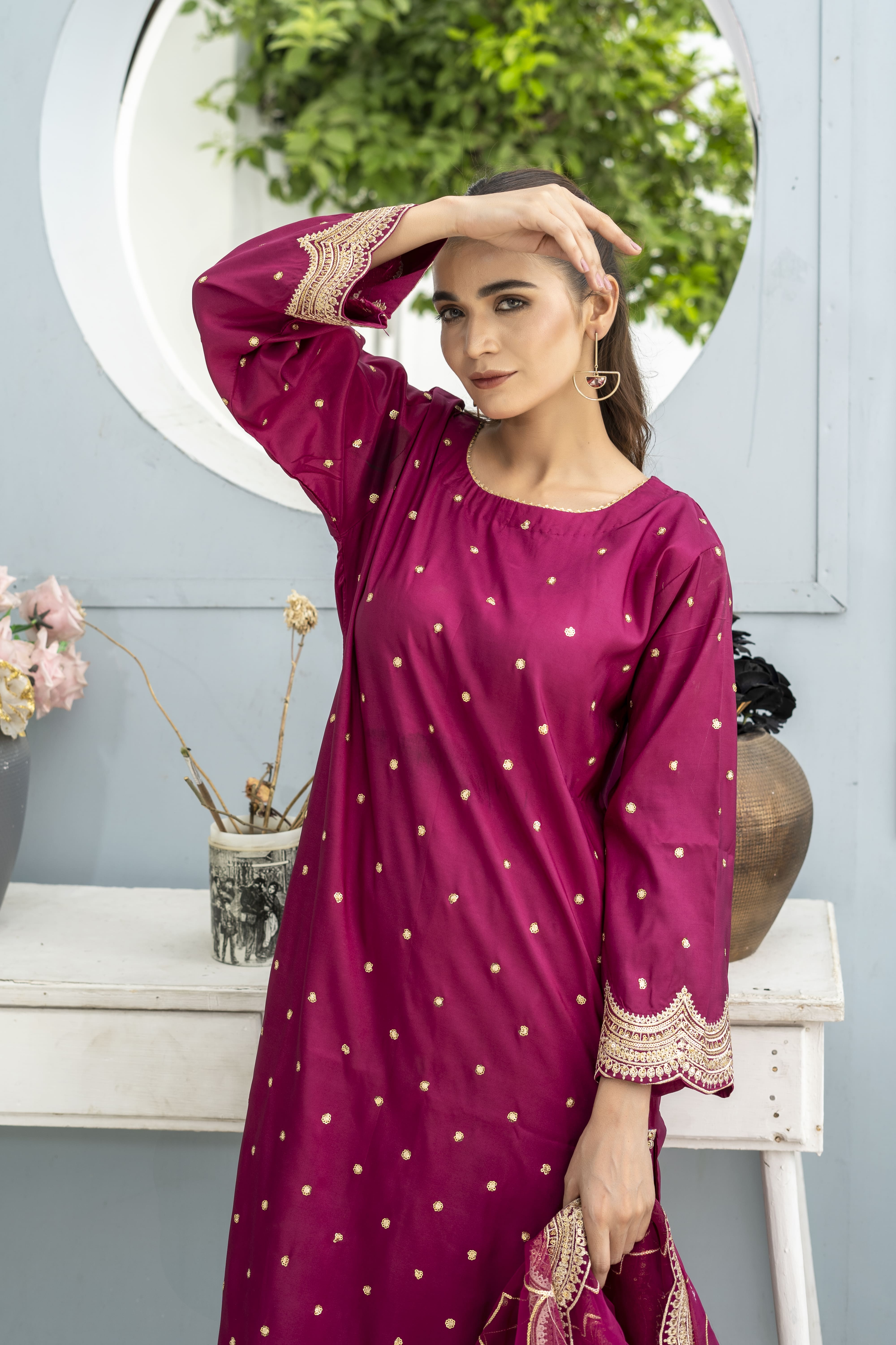 Magenta Embroidered Silk Suit | Maryam Fashions