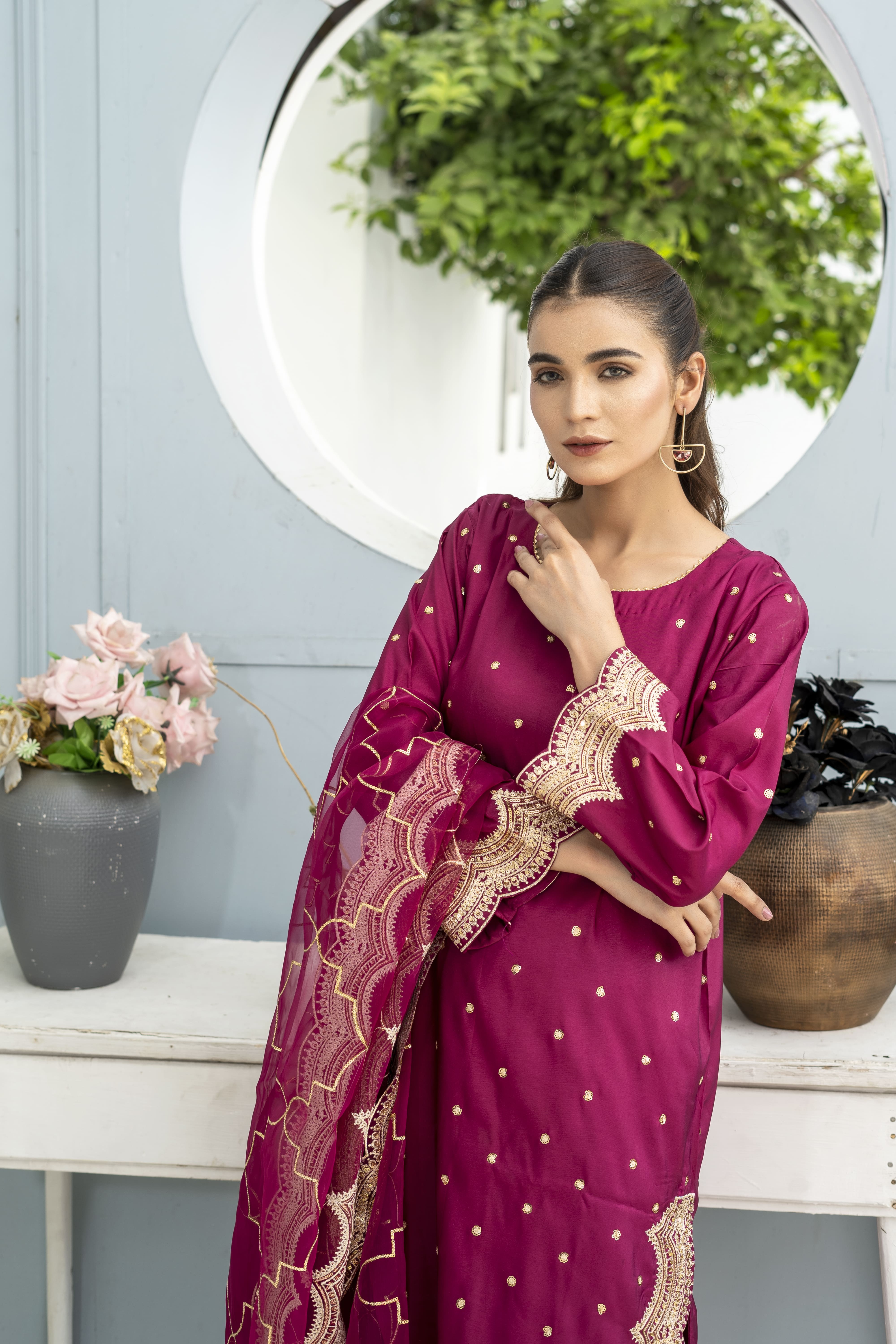 Magenta Embroidered Silk Suit | Maryam Fashions