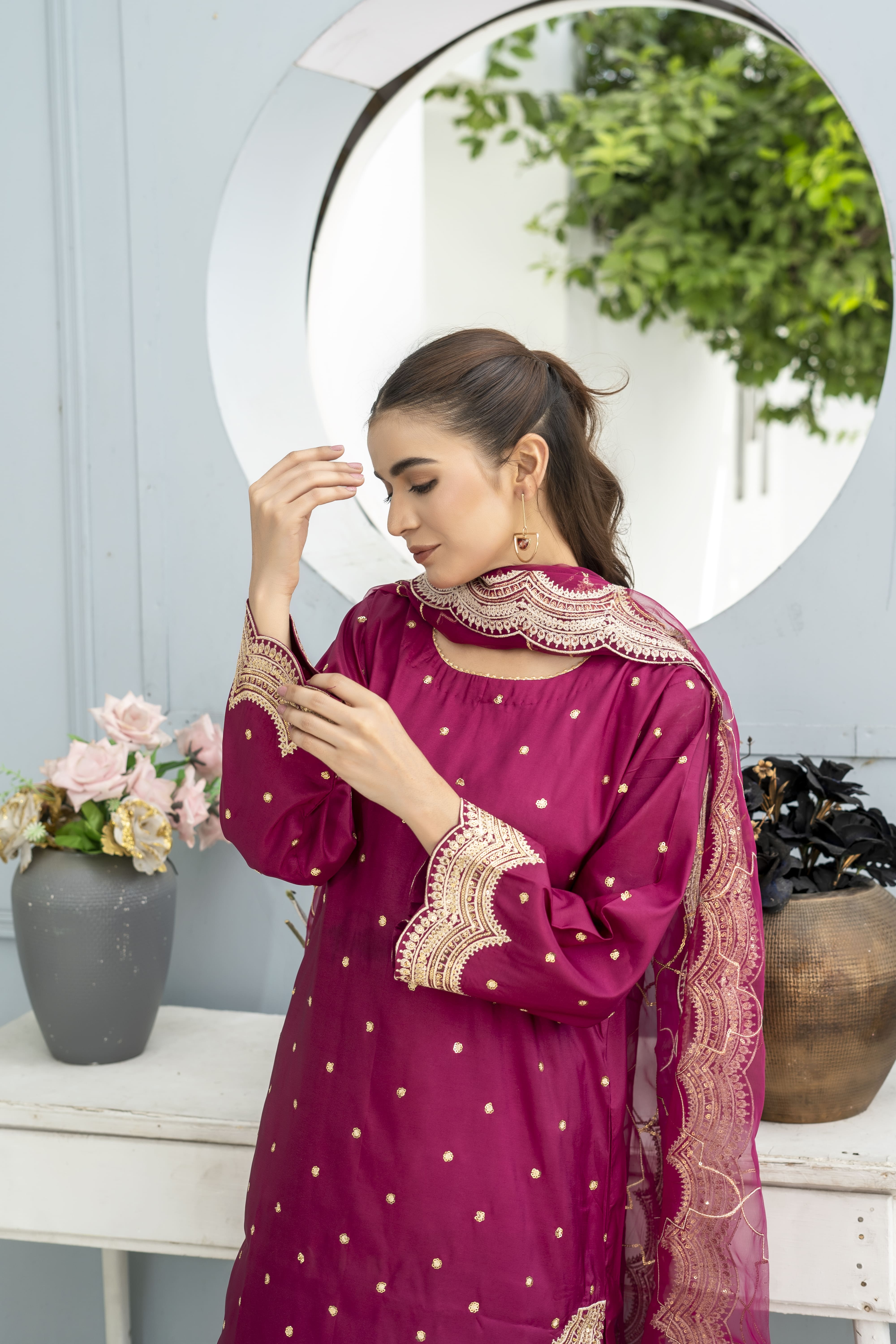 Magenta Embroidered Silk Suit | Maryam Fashions