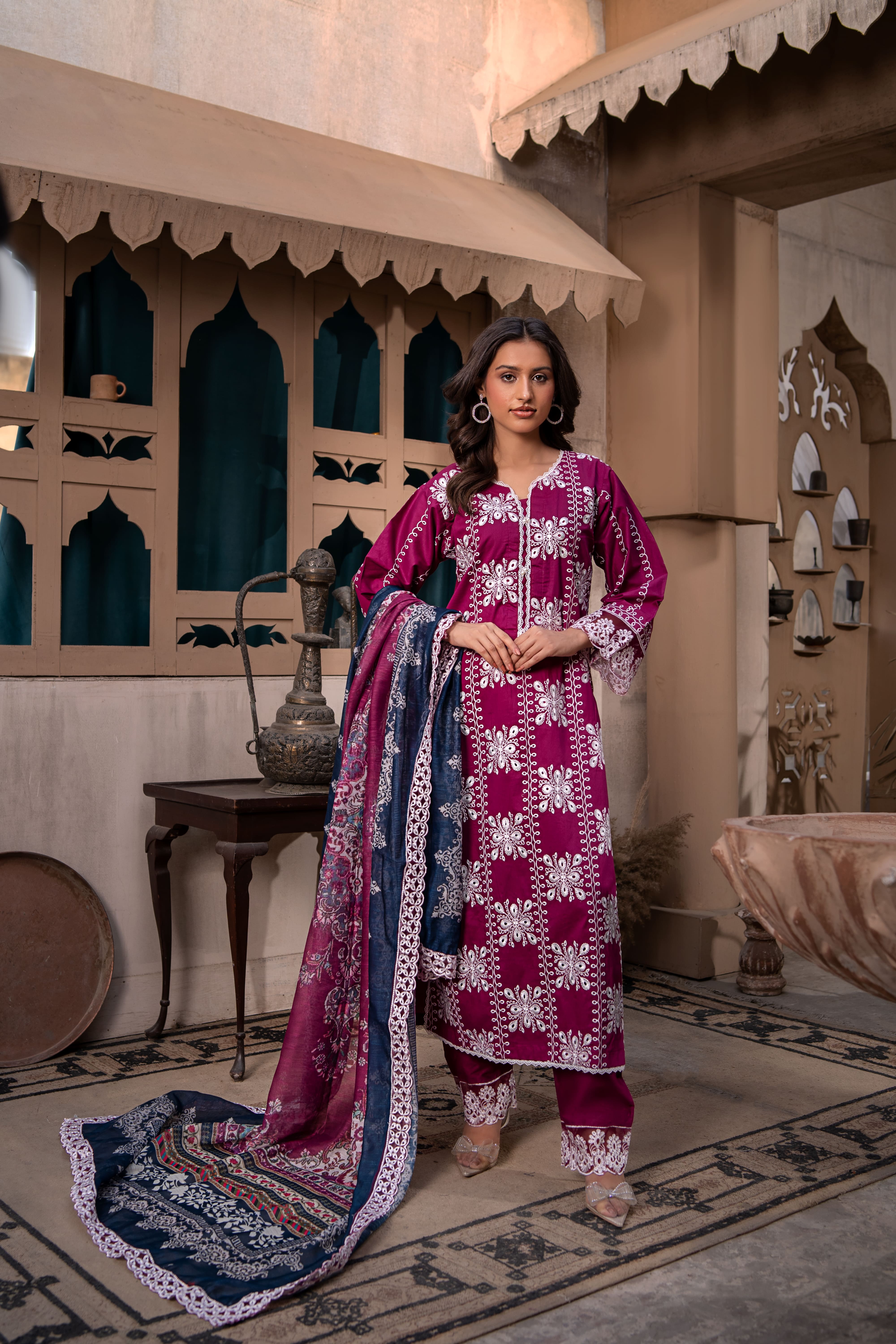 Magenta Embroidered Winter Cotton Suit | Maryam Fashions