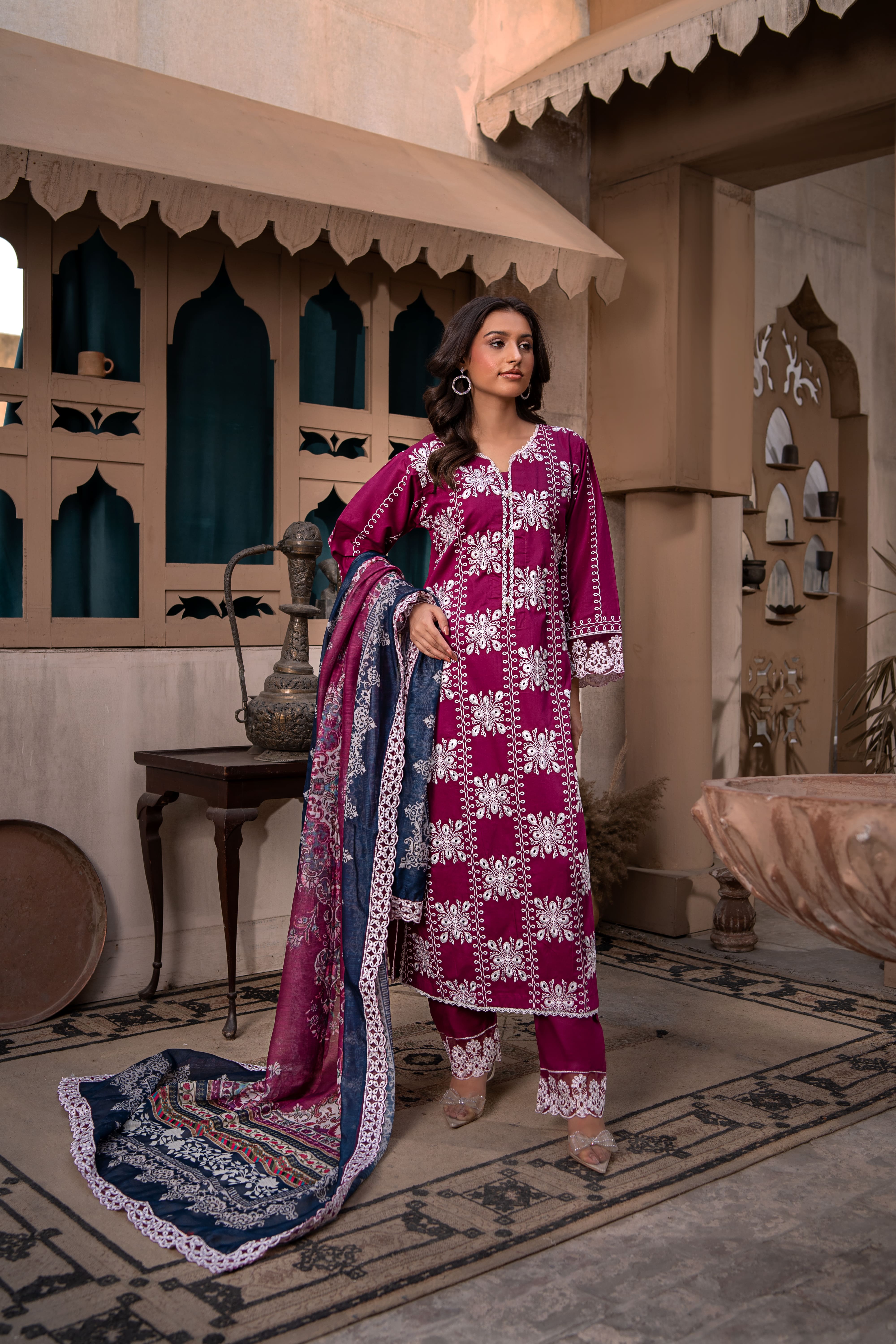 Magenta Embroidered Winter Cotton Suit | Maryam Fashions