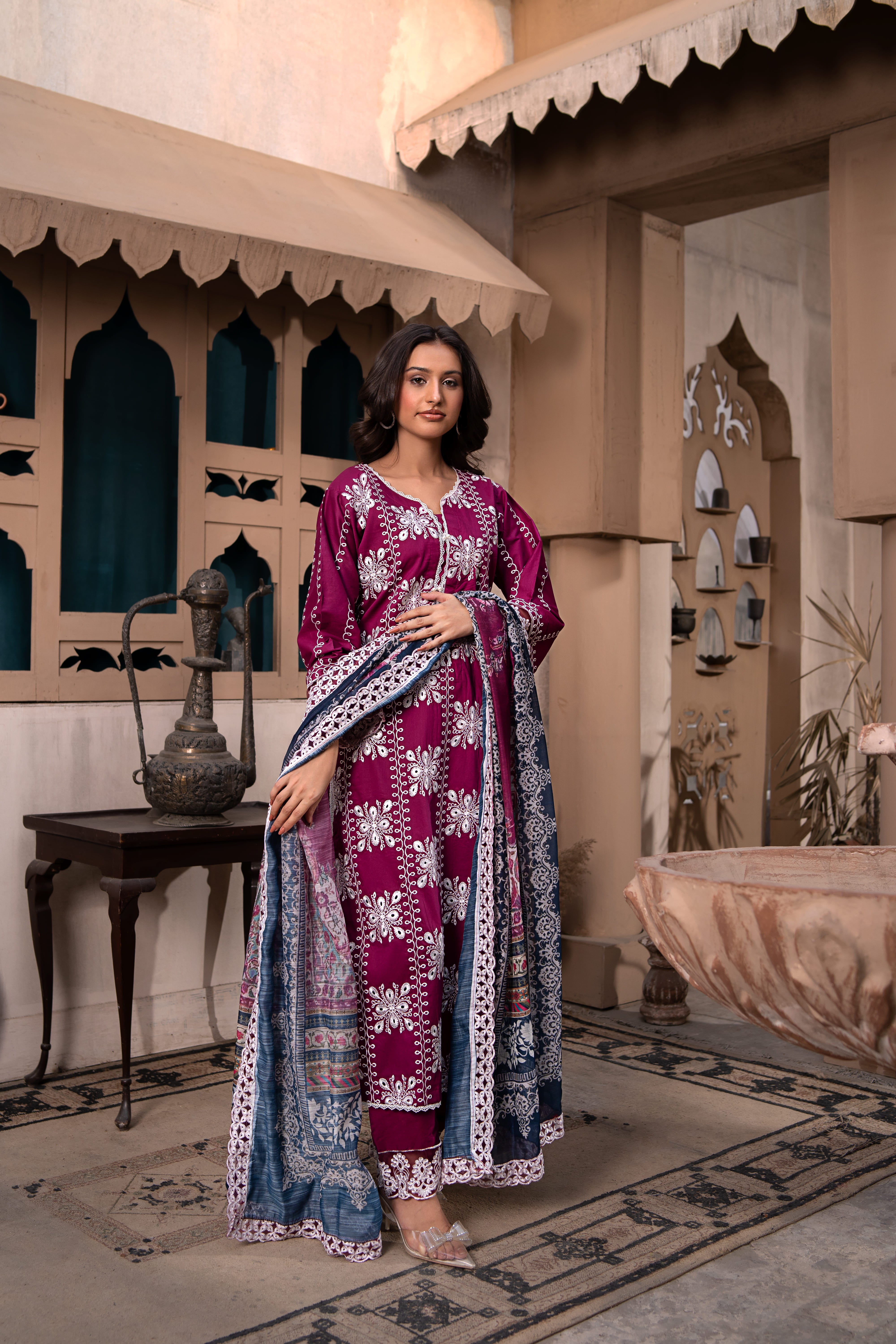 Magenta Embroidered Winter Cotton Suit | Maryam Fashions