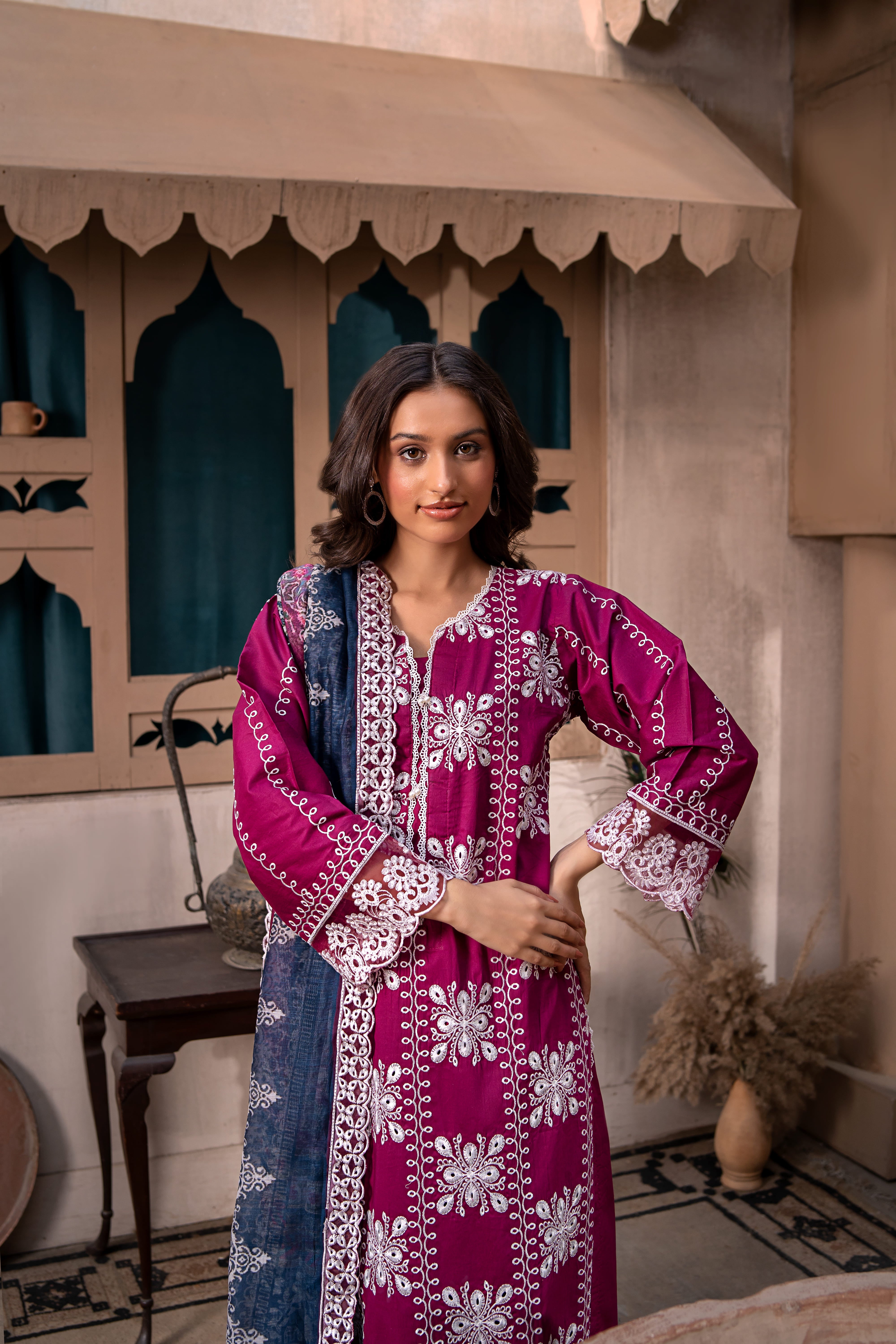 Magenta Embroidered Winter Cotton Suit | Maryam Fashions