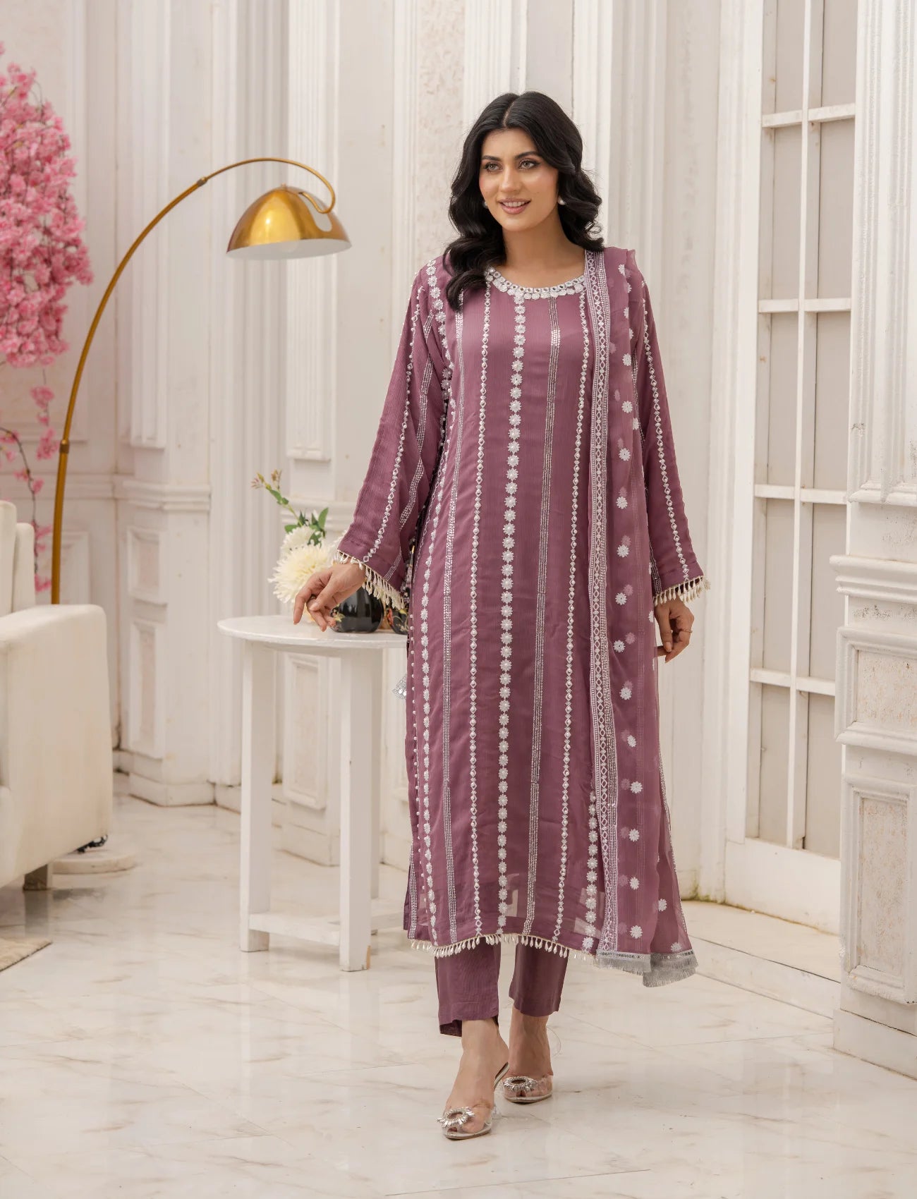 Lilac Chiffon Embroidered Suit – Maryam Fashions