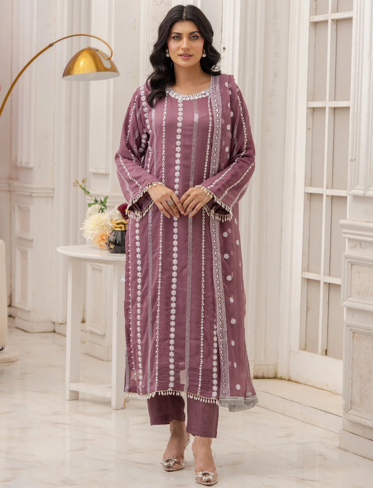 Lilac Chiffon Embroidered Suit – Maryam Fashions