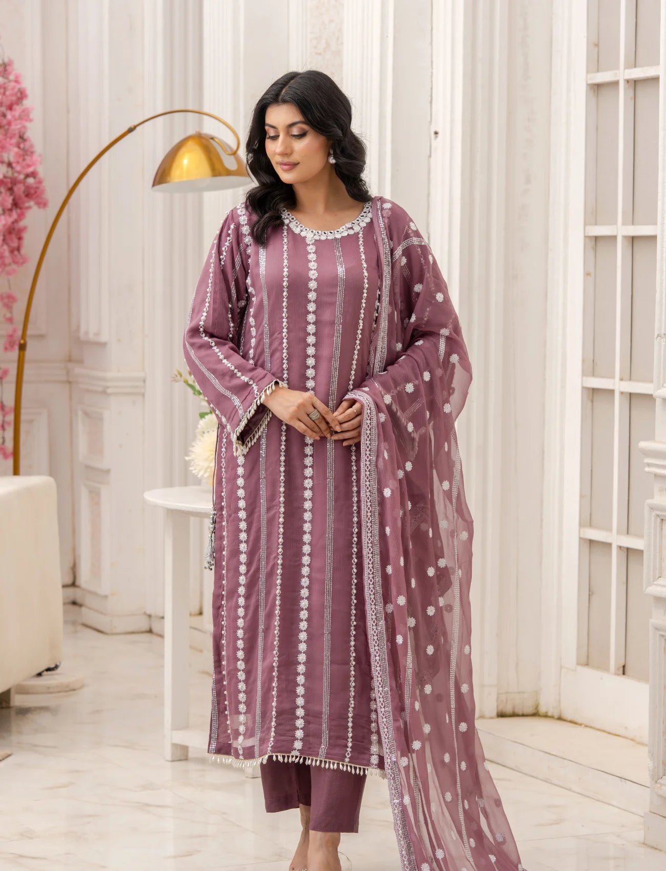Lilac Chiffon Embroidered Suit – Maryam Fashions