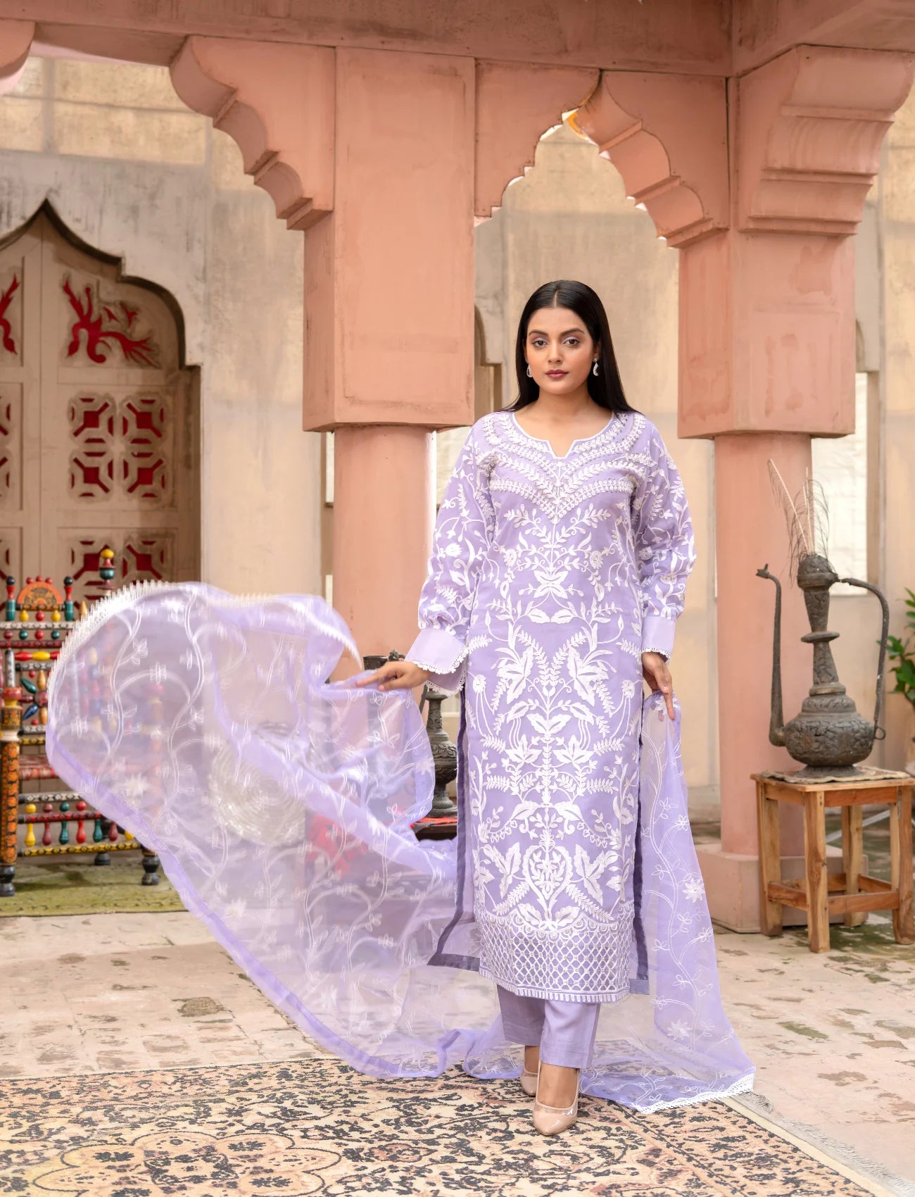 Lilac Silver Organza Embroidered Suit | Maryam Fashions