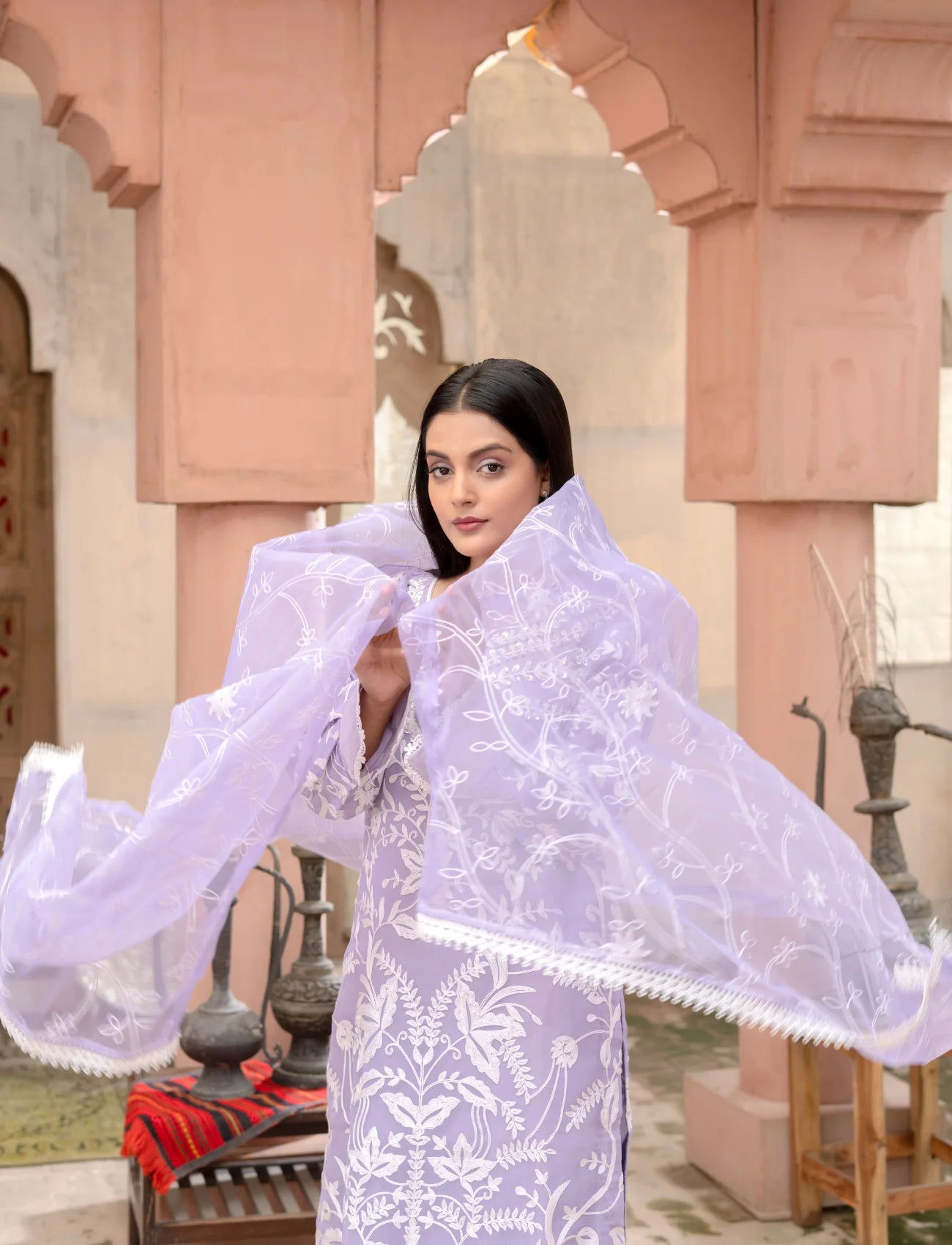 Lilac Silver Organza Embroidered Suit | Maryam Fashions