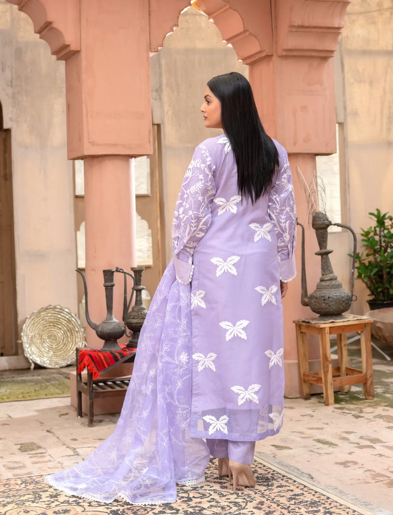 Lilac Silver Organza Embroidered Suit | Maryam Fashions
