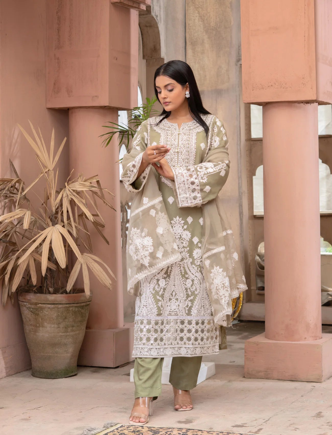 Light Olive Organza Embroidered Suit | Maryam Fashions