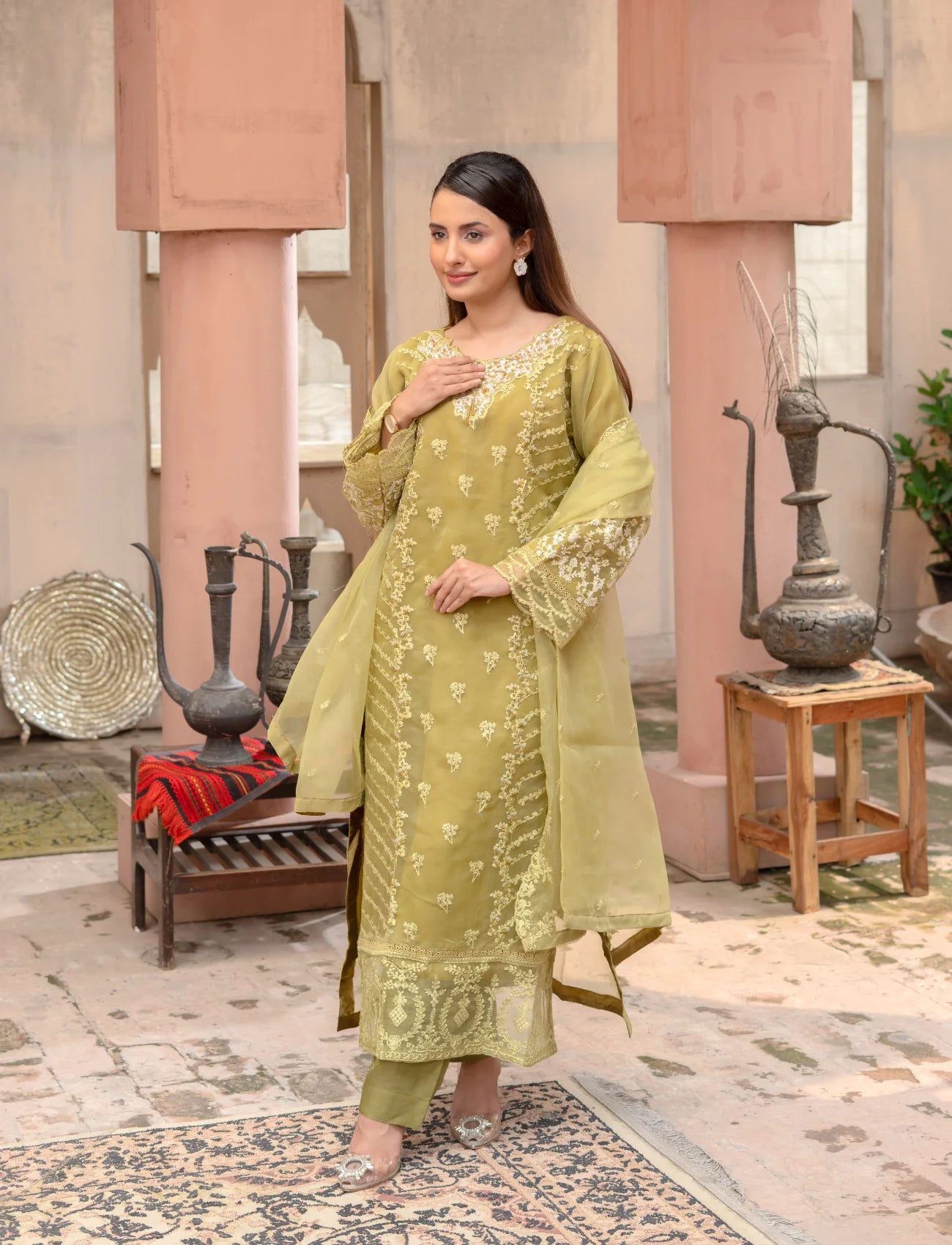 Light Olive Embroidered Organza Suit | Maryam Fashions