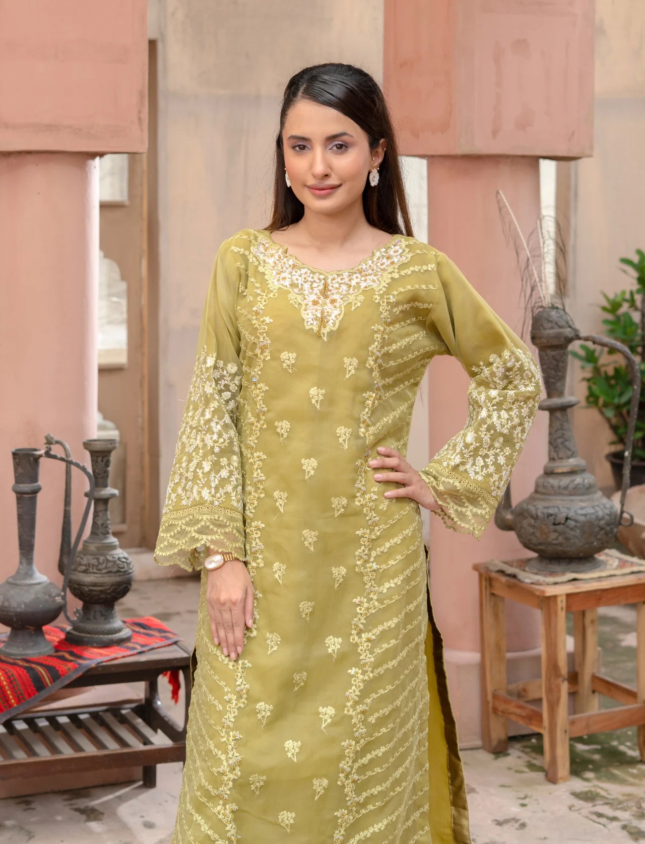 Light Olive Embroidered Organza Suit | Maryam Fashions